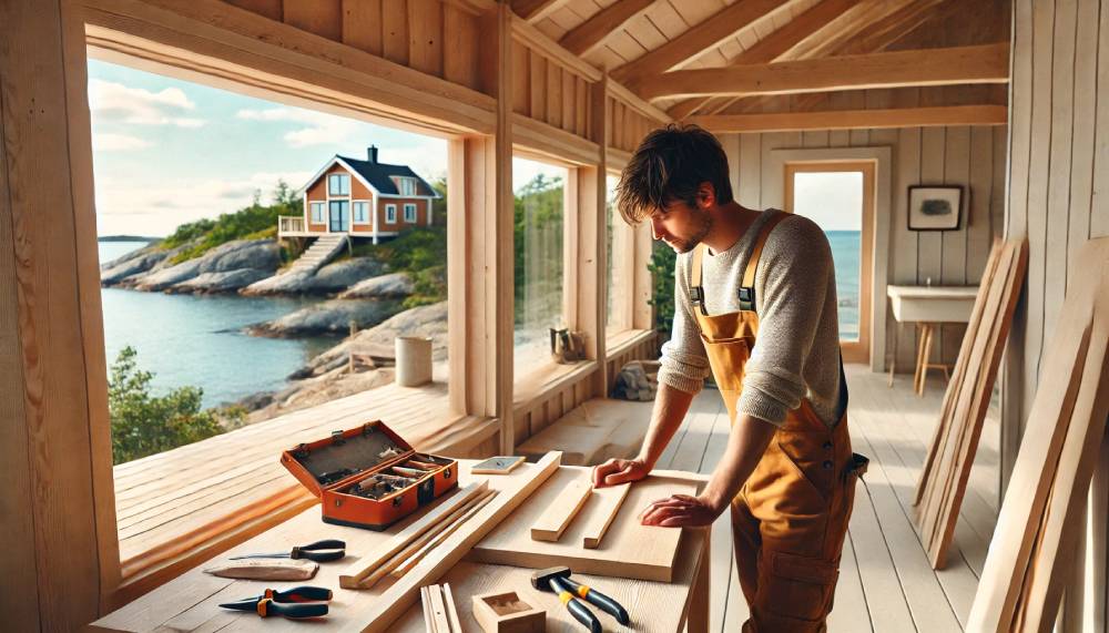 En snickare som arbetar på ett hus på Öckerö. Mjukt kustljus, trämaterial, snyggt ordnade verktyg, lugnt blått hav i bakgrunden, modern men naturlig färgpalett.