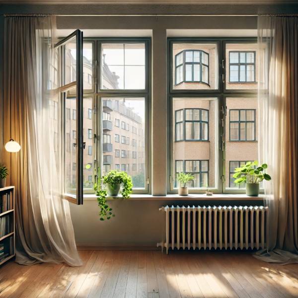 Renoverade fönster med energiglas i lägenhet hos en BRF i Stockholm